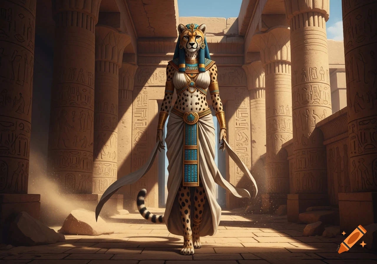 A majestic humanoid cheetah goddess in ancient Egyptian attire stands in a grand temple with carved columns.