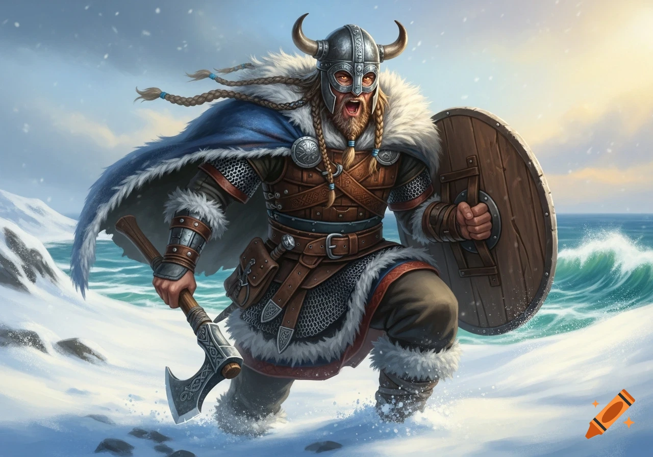A fierce Viking warrior in a horned helmet and fur-lined cape charges through the snow, axe in hand and shield raised, with a stormy sea behind him.