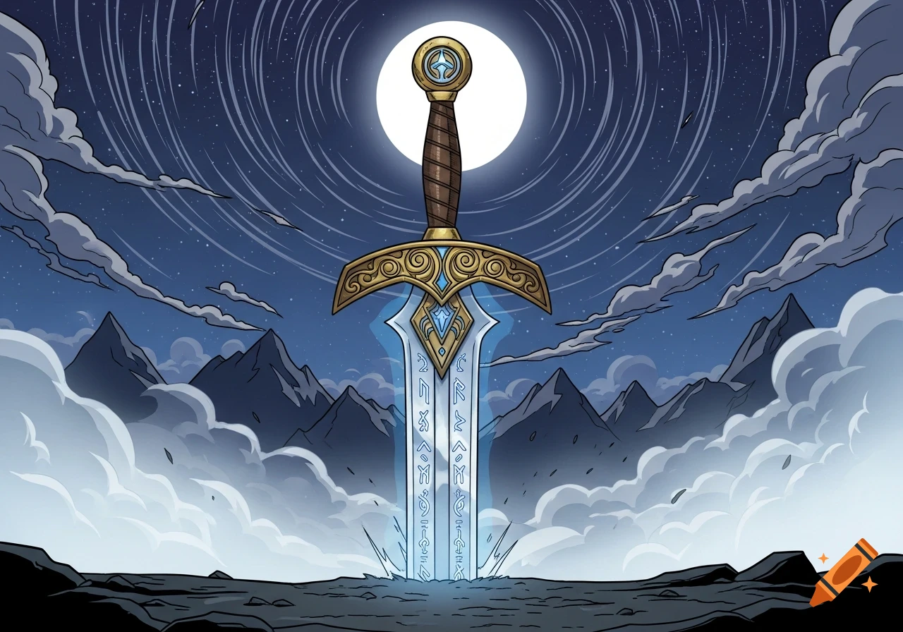A comic-style image of a glowing sword plunged into rocky ground, under a full moon and starry sky with mountains and clouds.