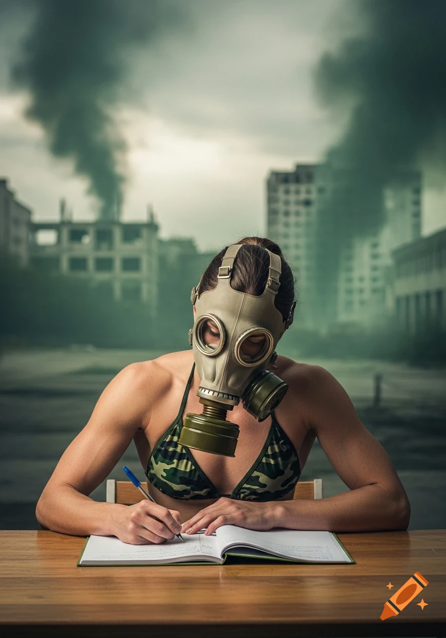 A woman wearing a gas mask and a camouflage bikini writes in a notebook at a desk, with a destroyed, smoking city in the background.