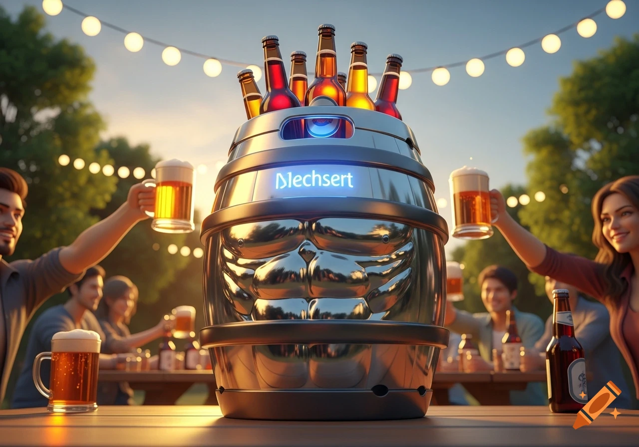 A close-up of a metallic beer keg with a six-pack design and six beer bottles on top, surrounded by people toasting with beer mugs at an outdoor evening party with string lights.