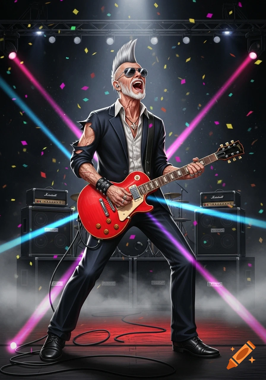Stylized image of an old man with a mohawk and sunglasses playing a red electric guitar on a stage with colorful lights and confetti.