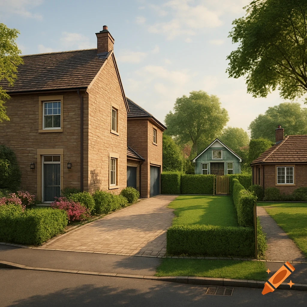 Photorealistic image of multiple residential brick houses with a paved driveway, green lawns, and manicured hedges under a sunny sky.