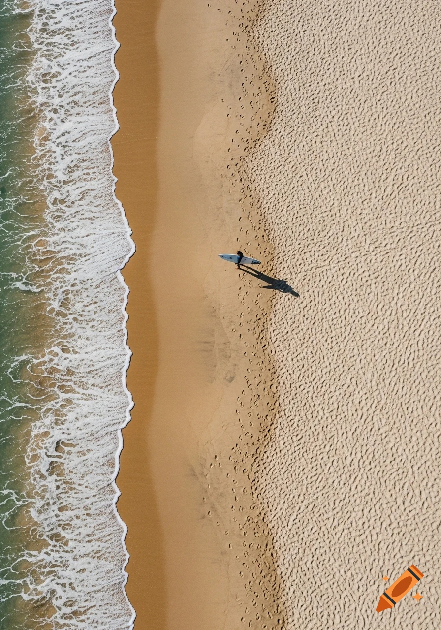 A top-down aerial view of a lone surfer walking on a sandy beach next to the ocean waves.