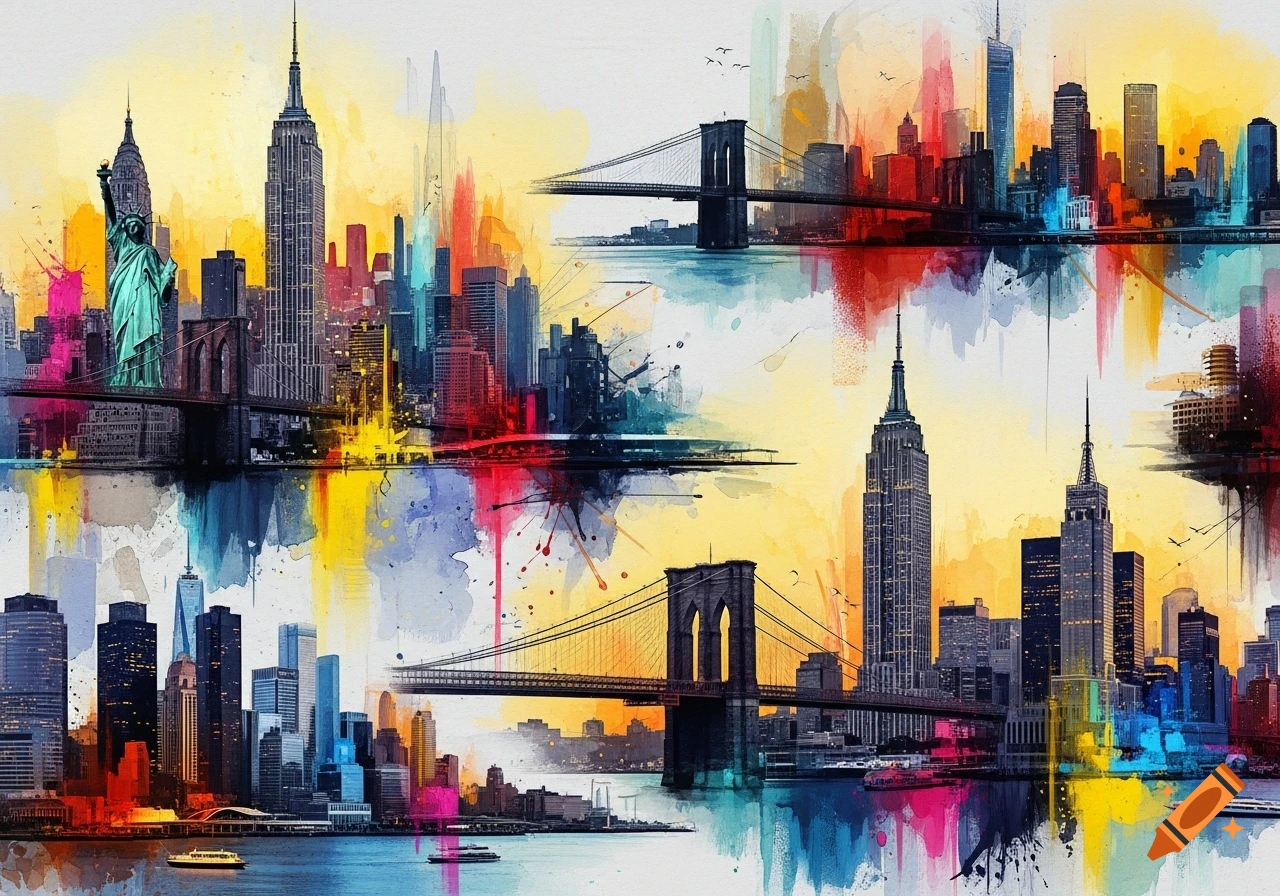 Vibrant abstract watercolor painting of New York City skyline with Statue of Liberty, Empire State Building, and Brooklyn Bridge.