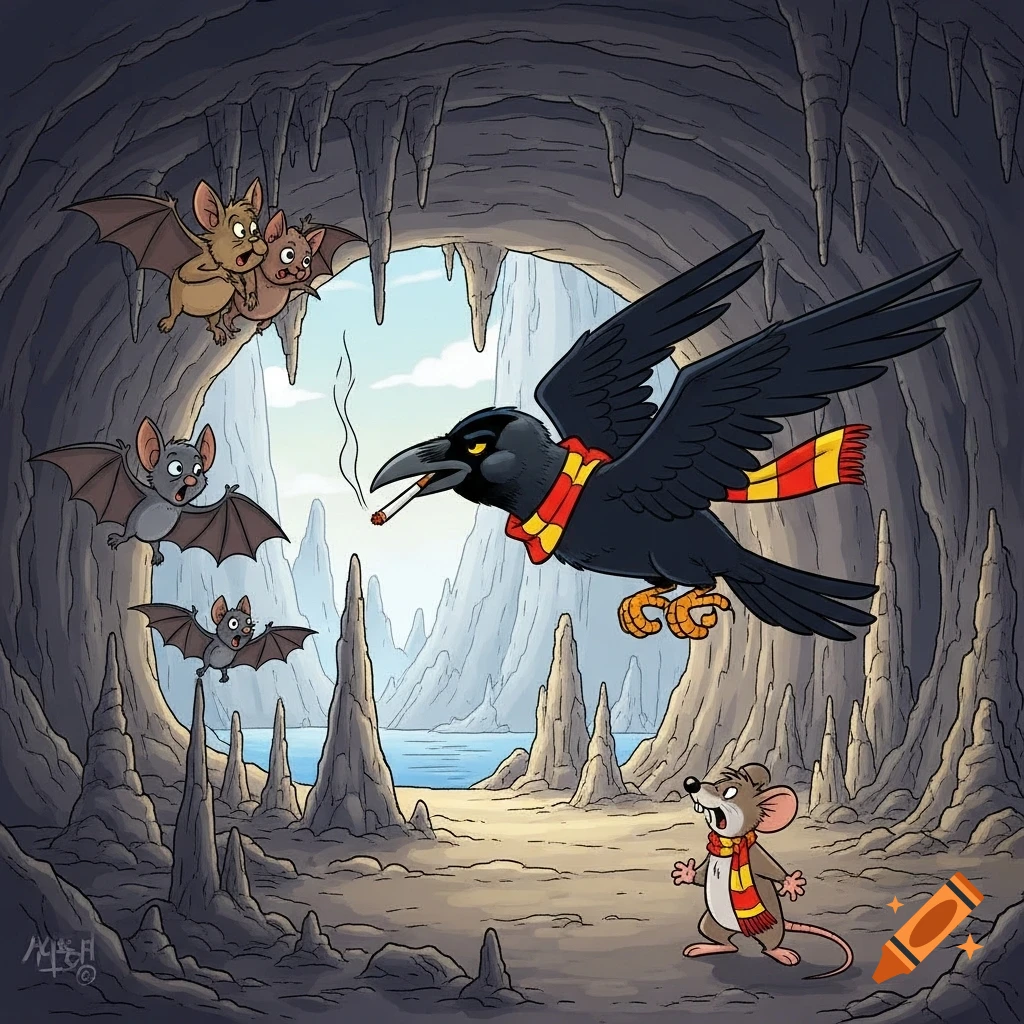A cartoon crow with a scarf smokes a cigarette in a cave, flying past surprised bats and a mouse, in comic style.