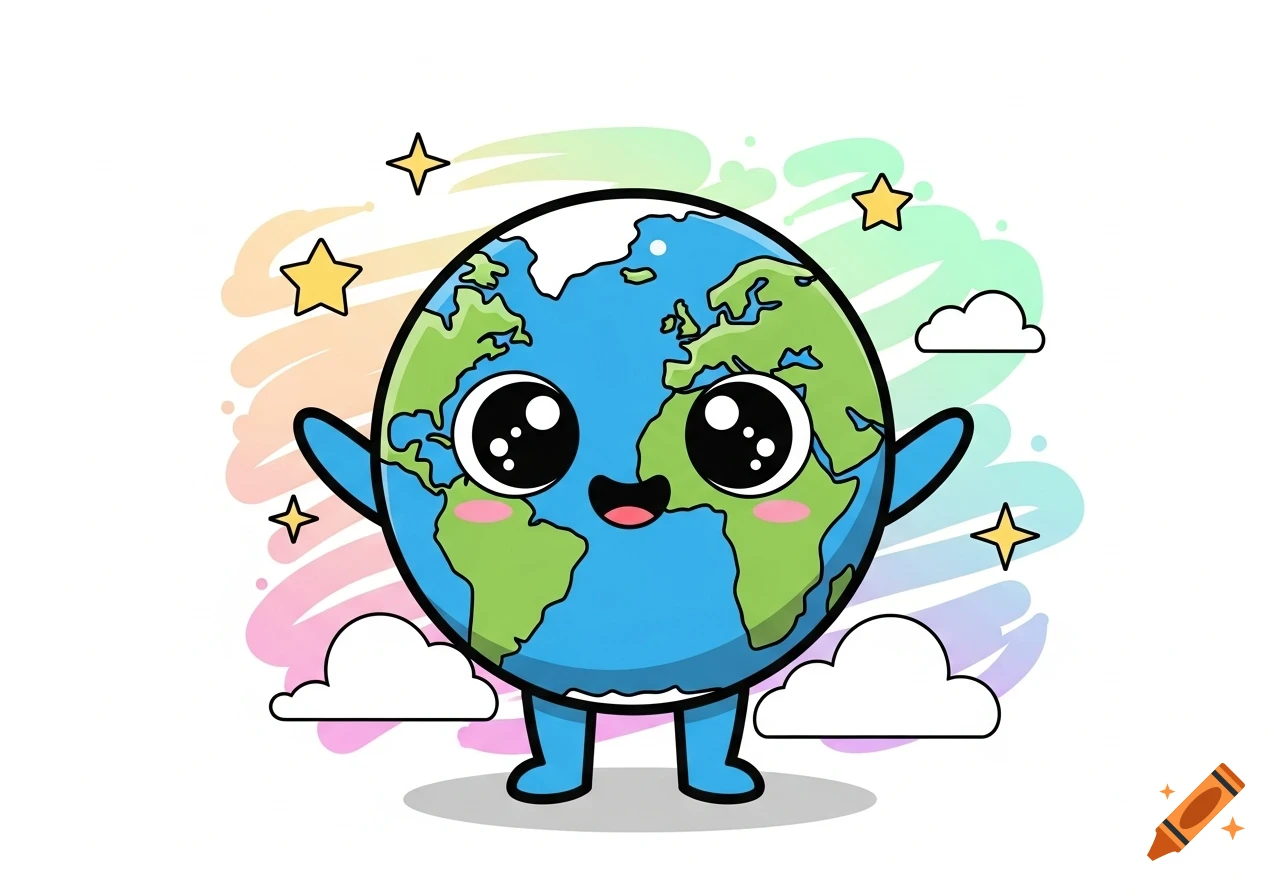 A cute cartoon Earth character with big expressive eyes, a smiling face, small arms and legs, surrounded by stars and clouds on a colorful background.