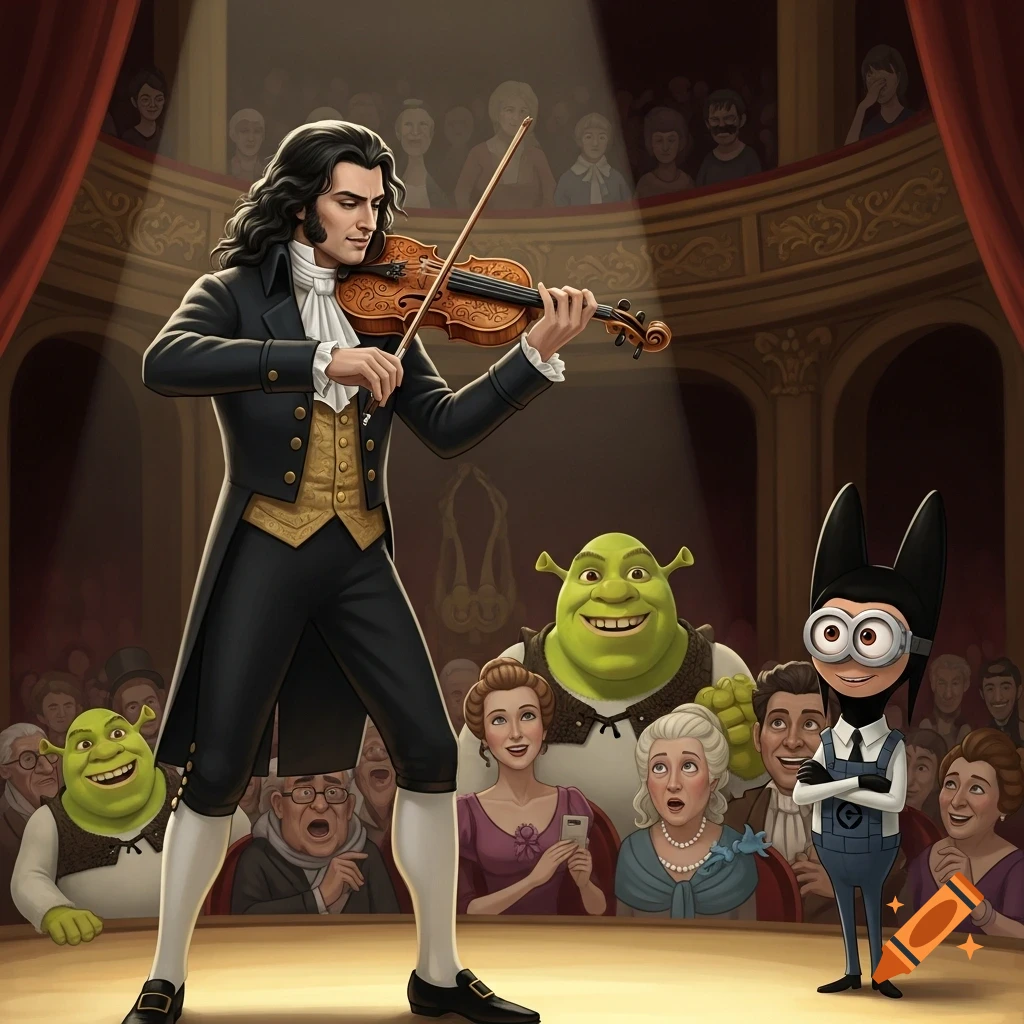 A long-haired musician plays a violin on stage to an impressed audience, including Shrek and a Minion-style Vector.
