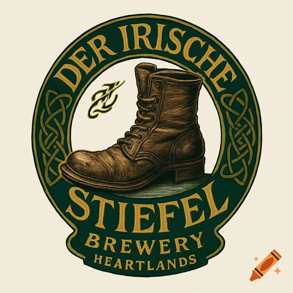 A logo with a brown work boot, encircled by green and gold Celtic knotwork, and text 'Der Irische Stiefel Brewery Heartlands'.