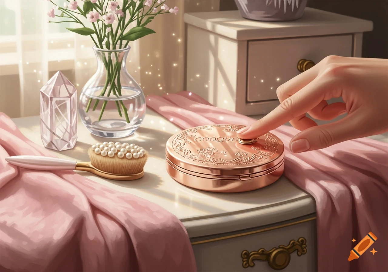 A hand gently presses a rose gold makeup compact on a vanity table with pink flowers, a crystal, and a pearl brush.
