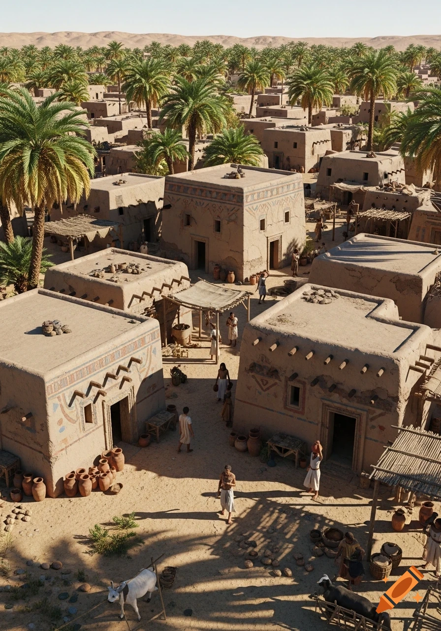 Aerial view of an ancient desert village with mud-brick buildings, numerous palm trees, and people engaged in daily activities.