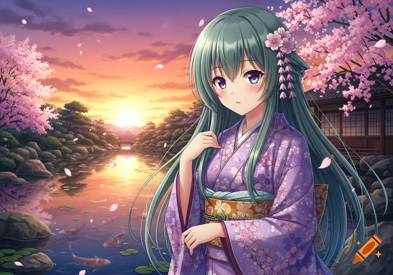 Anime girl in a purple kimono stands in a Japanese garden with a koi pond and cherry blossoms at sunset, anime illustration.