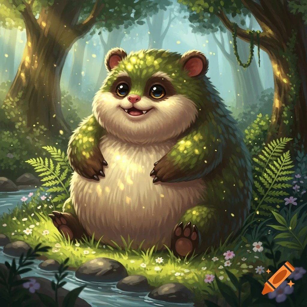 A cute, fluffy green and white creature with big eyes smiles happily in a lush, magical forest next to a stream.