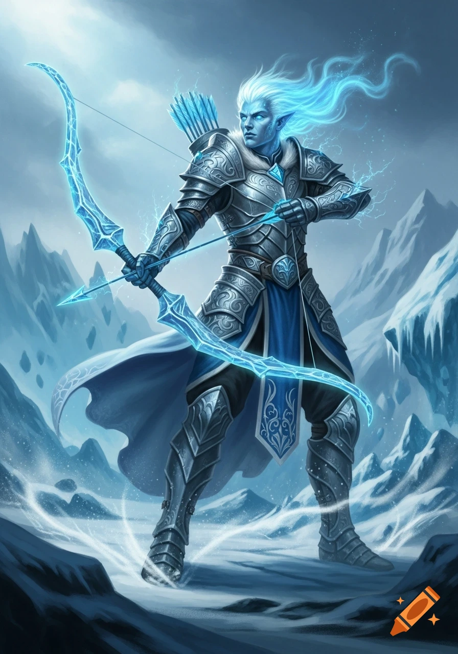 A blue-skinned male ice archer with glowing hair and armor holds a luminous ice bow and arrow in a snowy mountain landscape.
