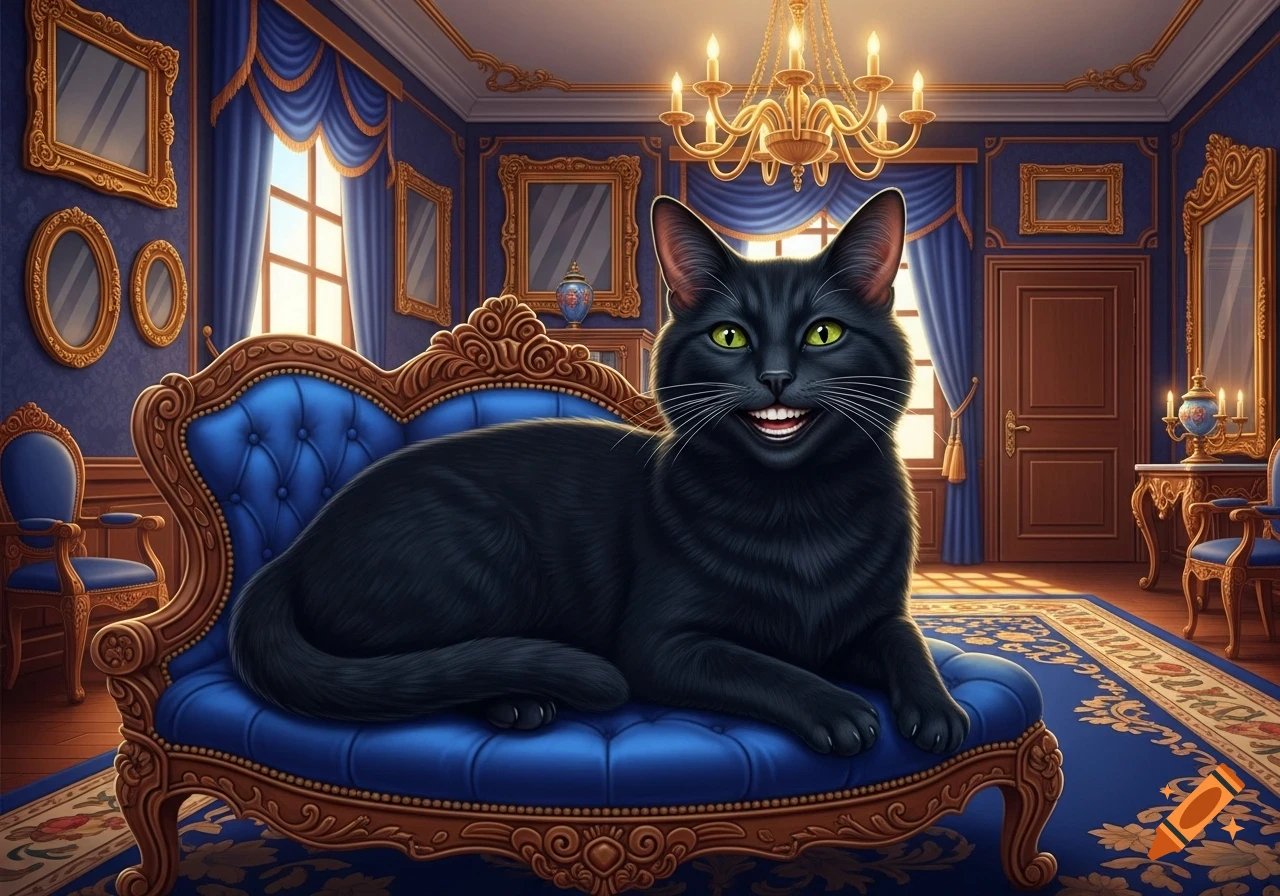 A black cat with bright green eyes and a human-like smile lies on a luxurious blue velvet sofa in an ornate, royal blue room.