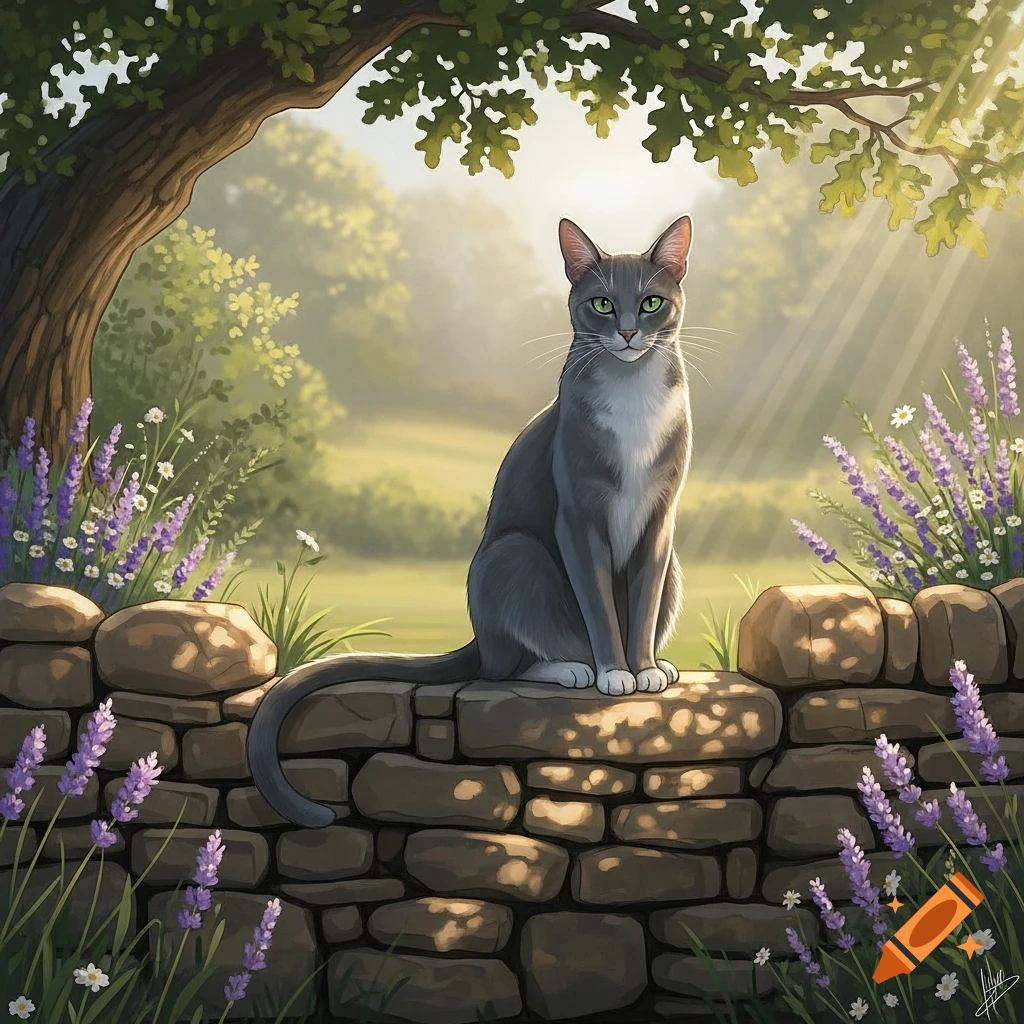 A gray and white cat with green eyes sits on a stone wall amidst ...