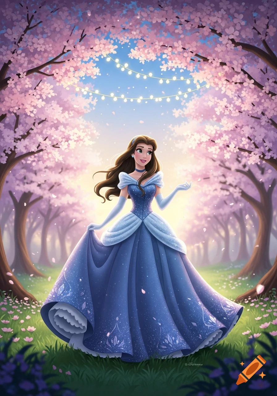 An animated princess in a sparkling blue ballgown stands in a whimsical cherry blossom forest with string lights.