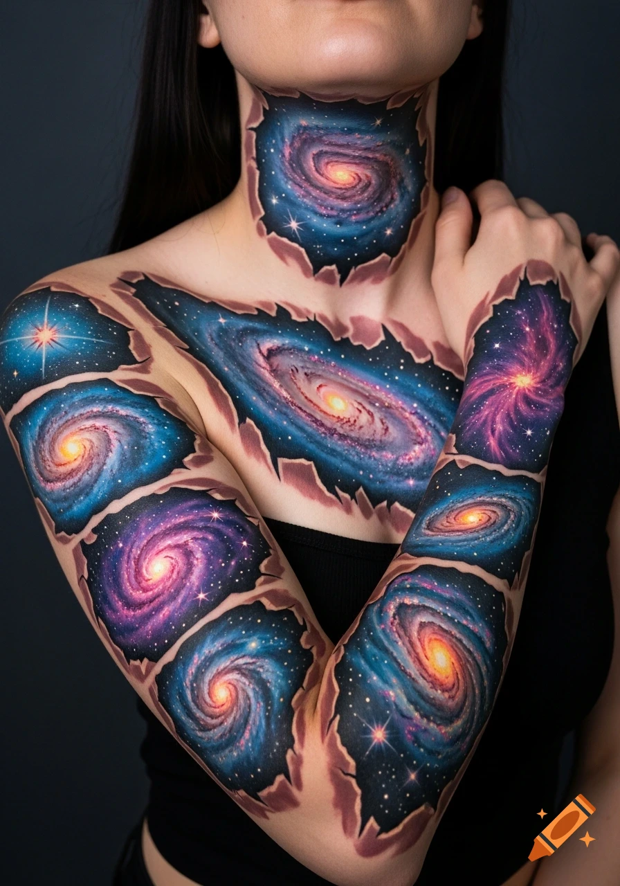 Photorealistic galaxy tattoos on a woman's arms, chest, and neck, appearing to emerge through ripped skin.