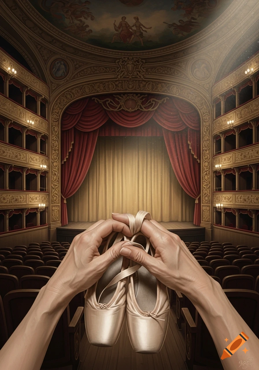 Close-up of hands holding ballet shoes in an ornate, empty theater with a stage and red curtains, rendered in a painterly style.