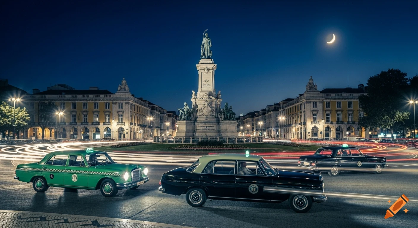 A detailed, realistic photograph of the Marquês de Pombal roundabout in Lisbon at night with vintage taxis and light trails.
