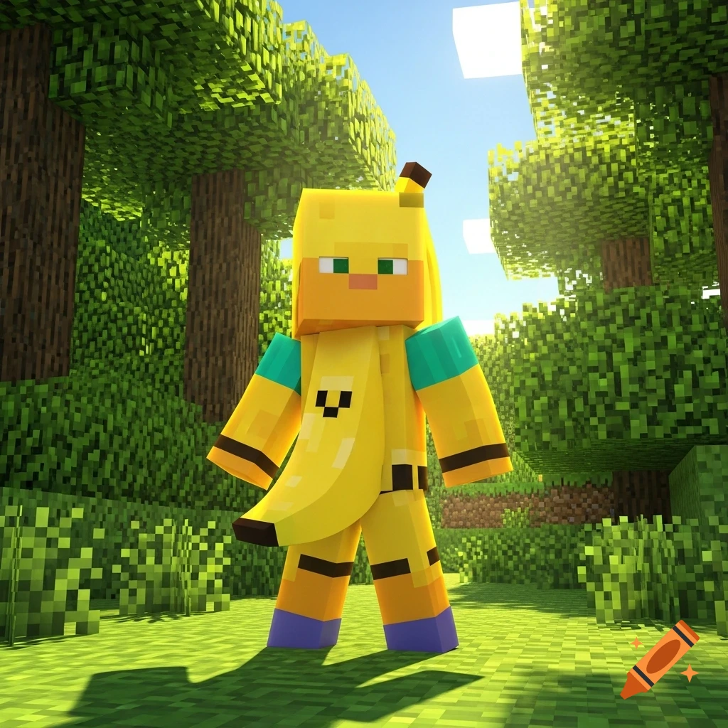 A Minecraft character wearing a banana costume stands in a sunny blocky forest.