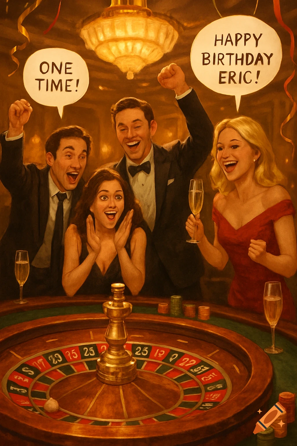 Four friends celebrate ecstatically around a roulette table, with speech bubbles "ONE TIME!" and "HAPPY BIRTHDAY ERIC!" in a painted style.