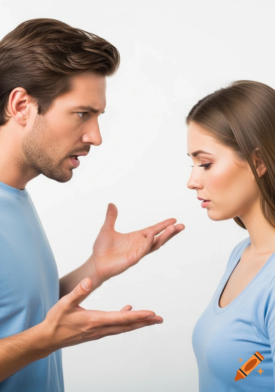 Photorealistic image of an angry man gesturing at a sad, downcast woman, both in light blue shirts against a white background.