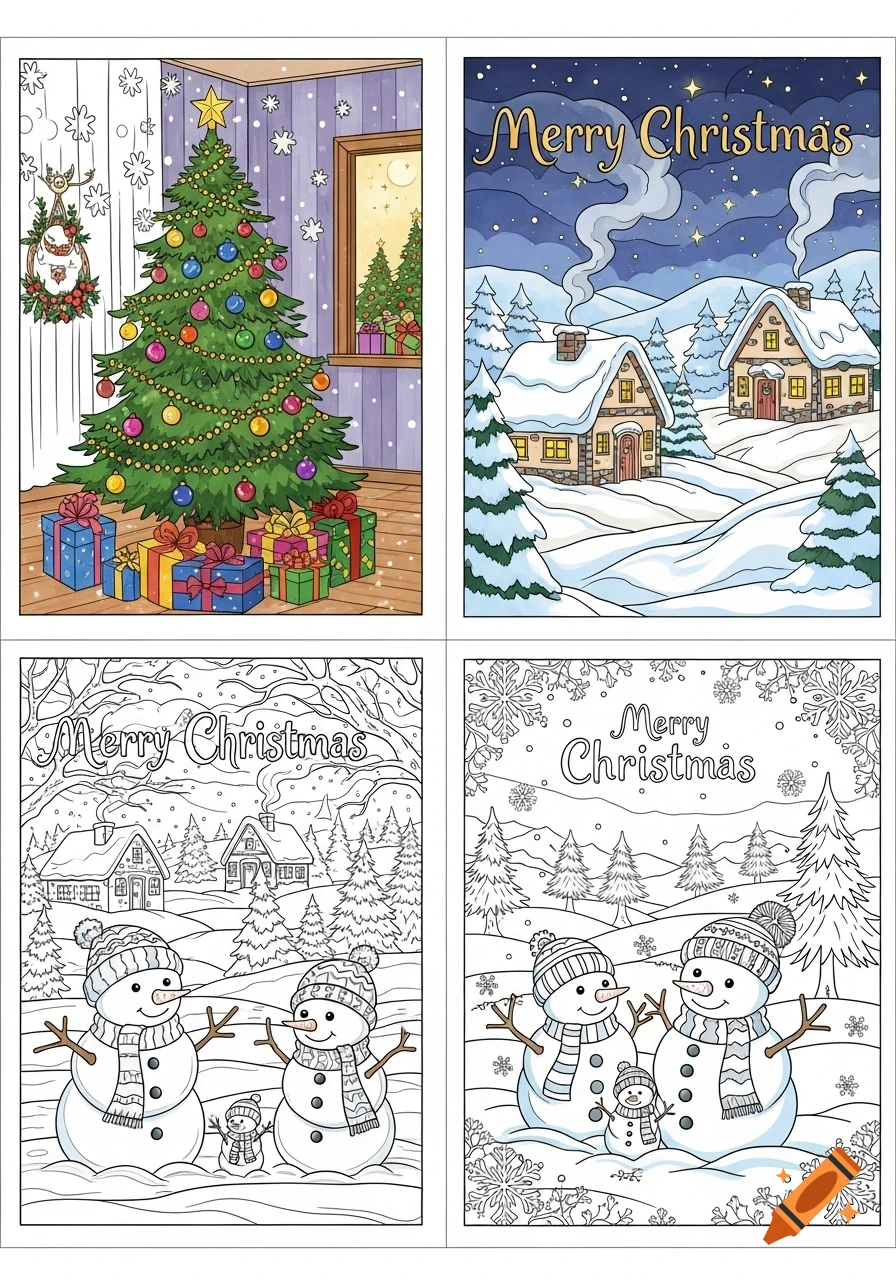 Four Christmas illustrations in a grid, including two colored scenes (a decorated tree with gifts and a snowy village at night) and two line art coloring pages of snowy villages with snowmen, all featuring 'Merry Christmas' text.