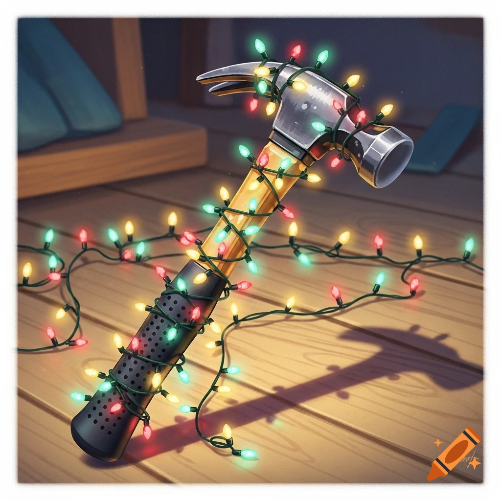 A claw hammer with a wooden handle wrapped in colorful Christmas lights, lying on a light wooden floor in a detailed illustration.