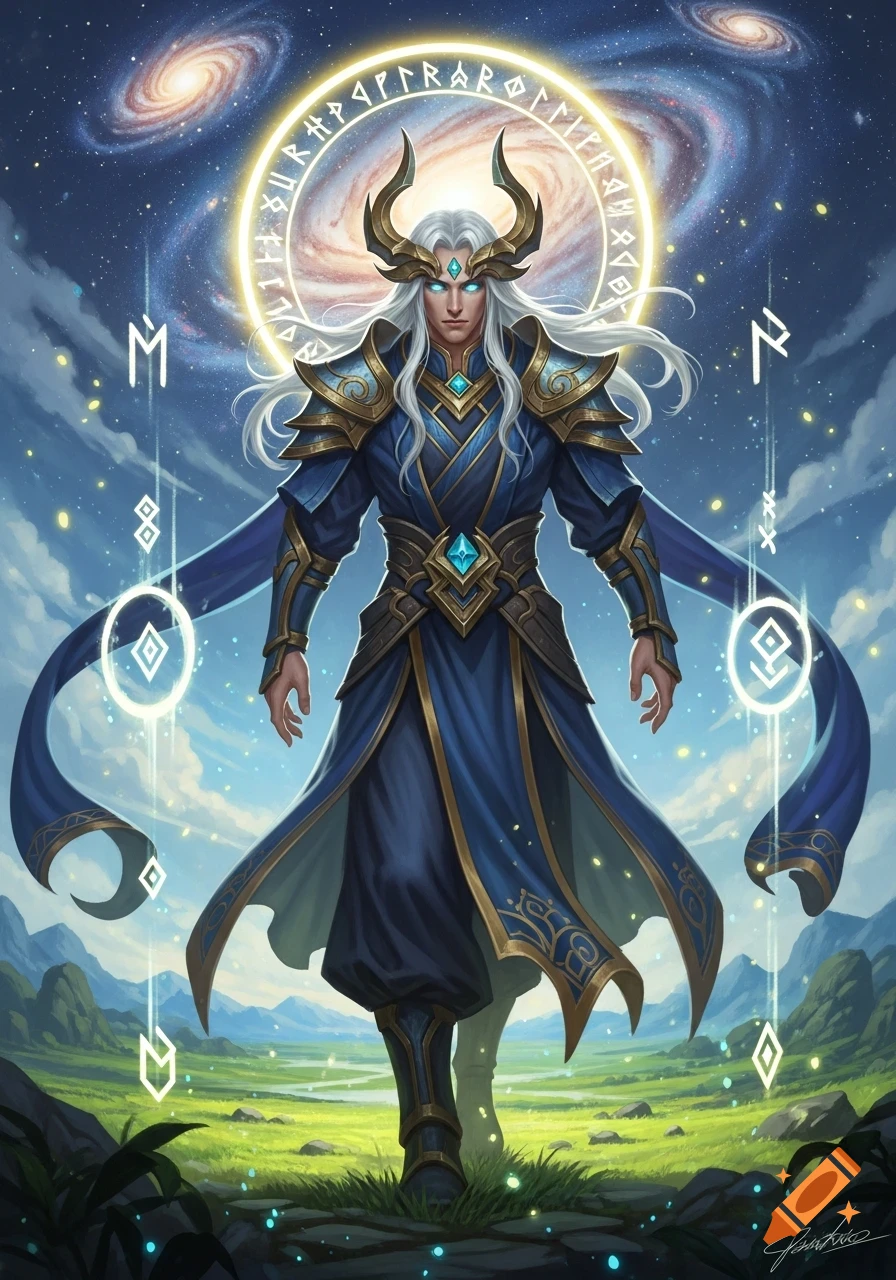 A handsome, white-haired fantasy warrior with horns and glowing eyes ...