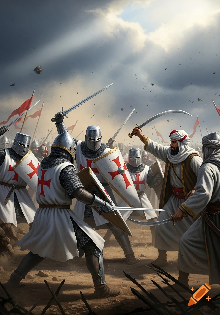 Epic illustration of crusaders in white tunics battling Arab warriors with sabers on a dusty battlefield under a dramatic sky.