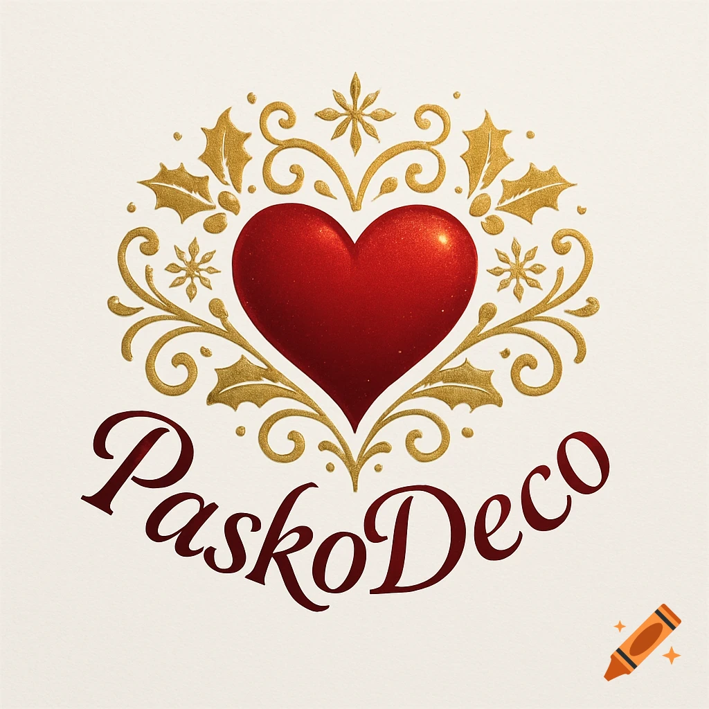 A red heart surrounded by gold festive foliage and swirls, with the text 'PaskoDeco' below it, on a light background.