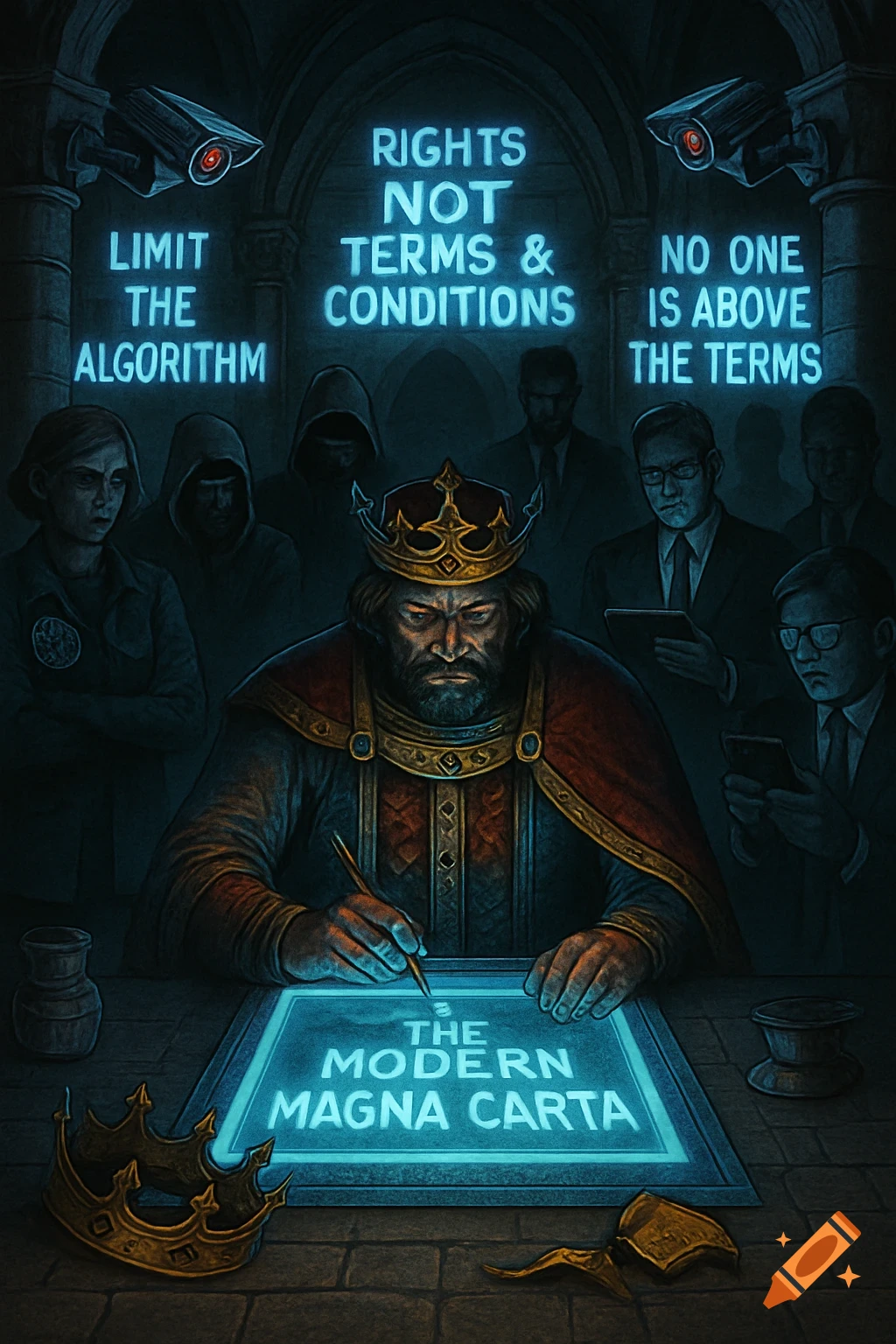 King John signs 'The Modern Magna Carta' at a glowing digital table, surrounded by modern figures, surveillance cameras, and neon text.
