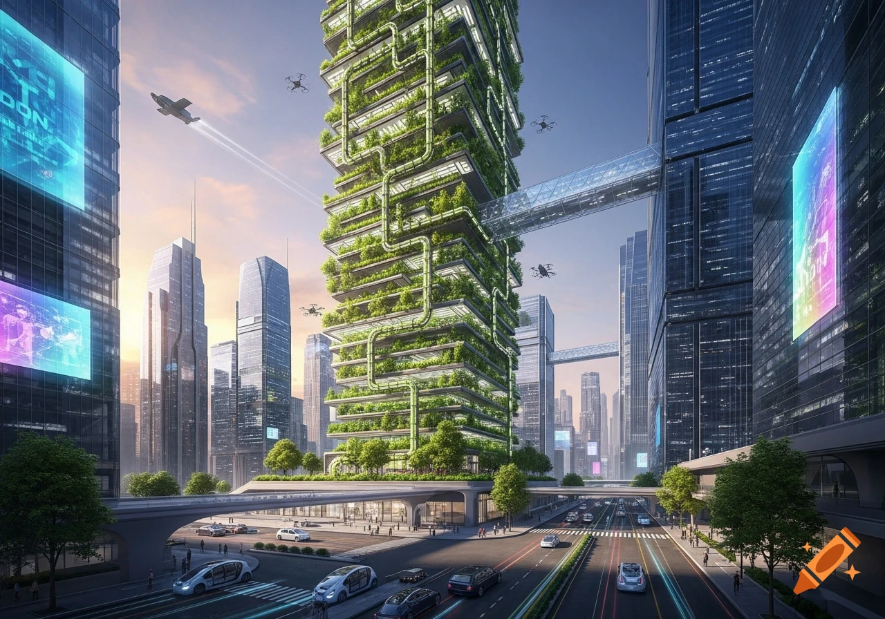 A futuristic city with a large vertical farm skyscraper, modern ...