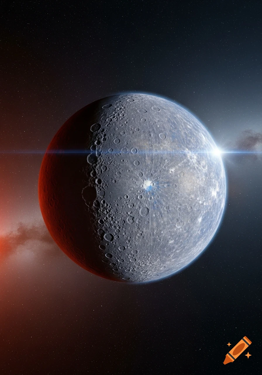 A detailed, cratered planet resembling Mercury orbits in dark space, brightly lit by a distant sun with a prominent lens flare.