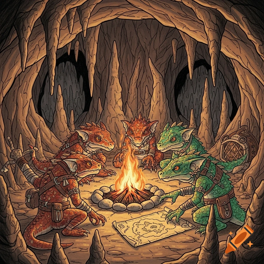 Four kobolds in a cave gathered around a campfire, two red and two green, studying a map in a hand-drawn fantasy art style.