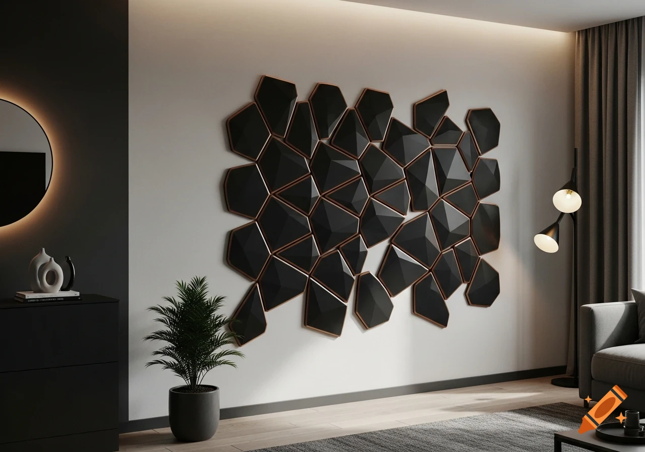 Modern living room with black geometric wall art, a potted plant, and a round LED mirror on a minimalist dresser.
