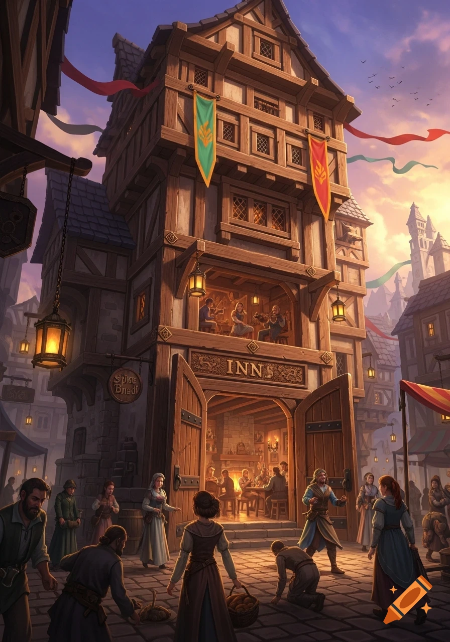 Detailed fantasy illustration of a large, timber-framed inn at sunset ...