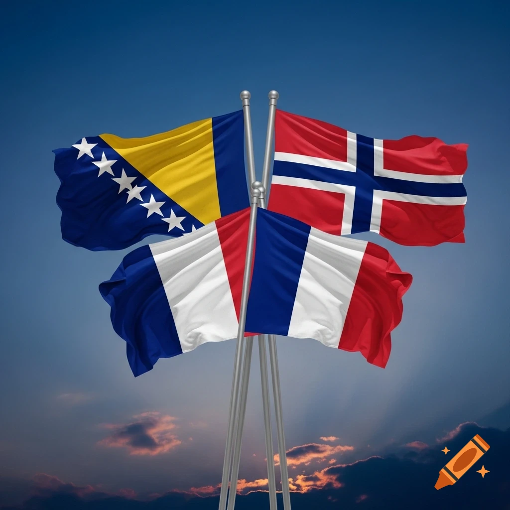Three national flags, Bosnia and Herzegovina, Norway, and France, wave from intertwined poles against a blue sky.