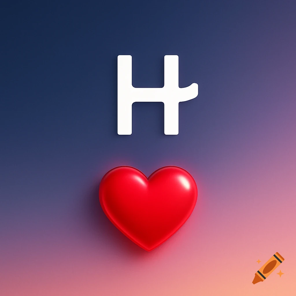 A stylized white letter H with a hook, above a glossy red heart, on a gradient blue and pink background.