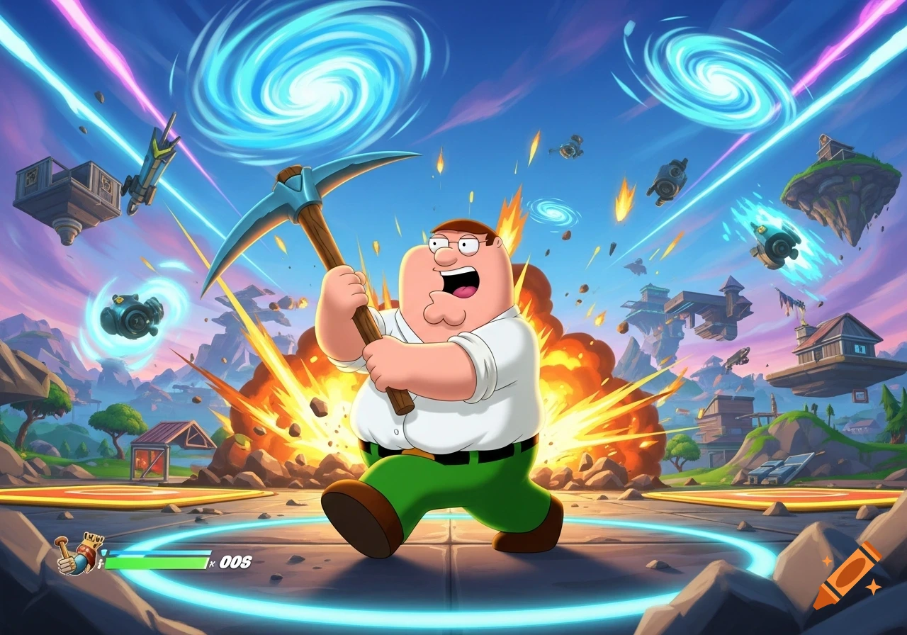 Peter Griffin from Family Guy running with a pickaxe in a vibrant, cartoonish Fortnite battleground with explosions, floating islands, and swirling portals.
