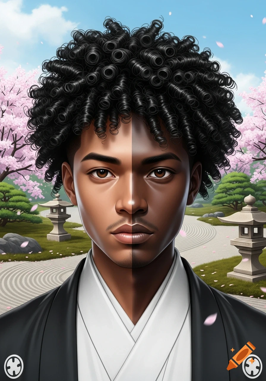 Illustrated portrait of a man with a split-tone face and curly black hair, wearing a kimono in a Japanese garden with cherry blossoms.