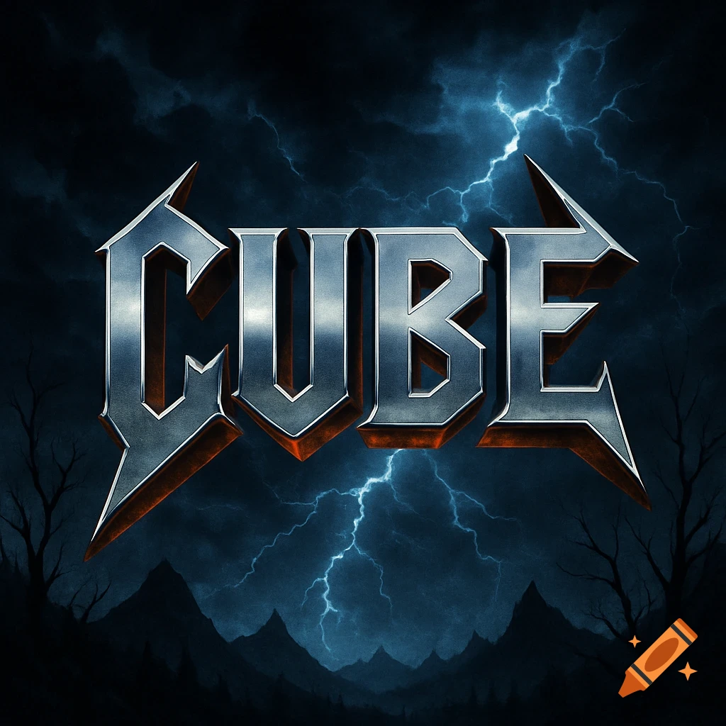 Metallic, heavy metal style text 'CUBE' set against a stormy, lightning-filled dark sky with silhouetted mountains.