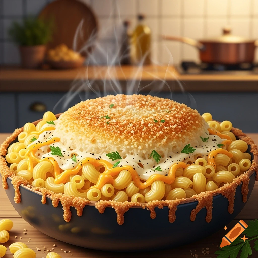 Photorealistic steaming bowl of baked mac and cheese with a breadcrumb crust and fresh herbs on a wooden table in a kitchen.
