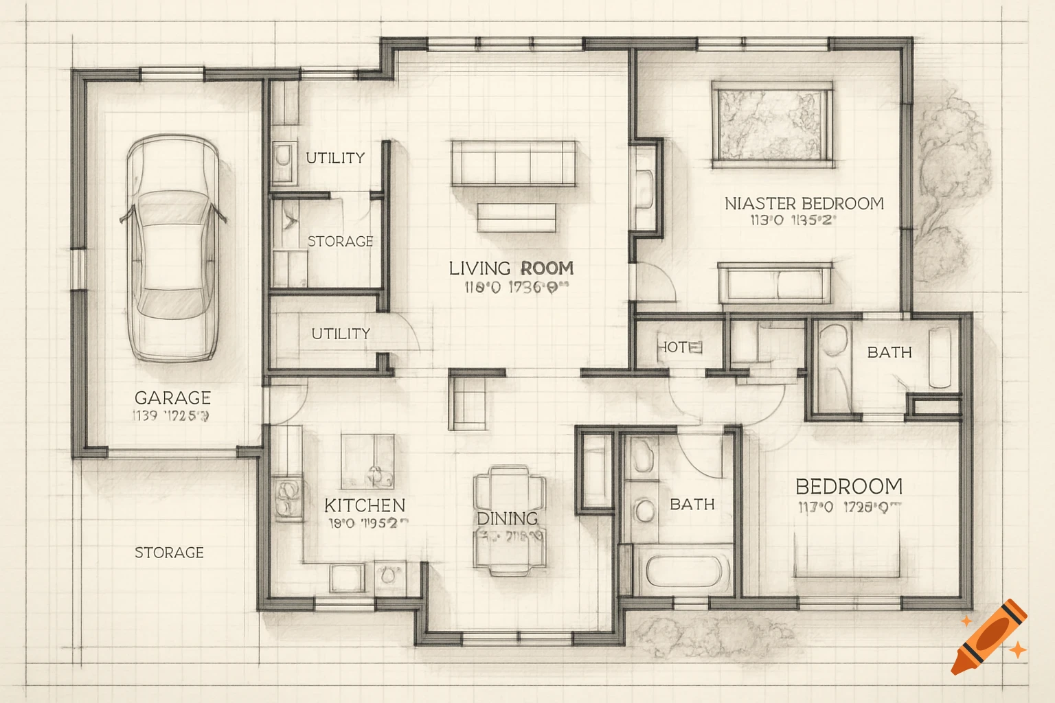Pencil sketch style floor plan of a house, showing rooms like a garage, living room, kitchen, dining area, bedrooms, and bathrooms.
