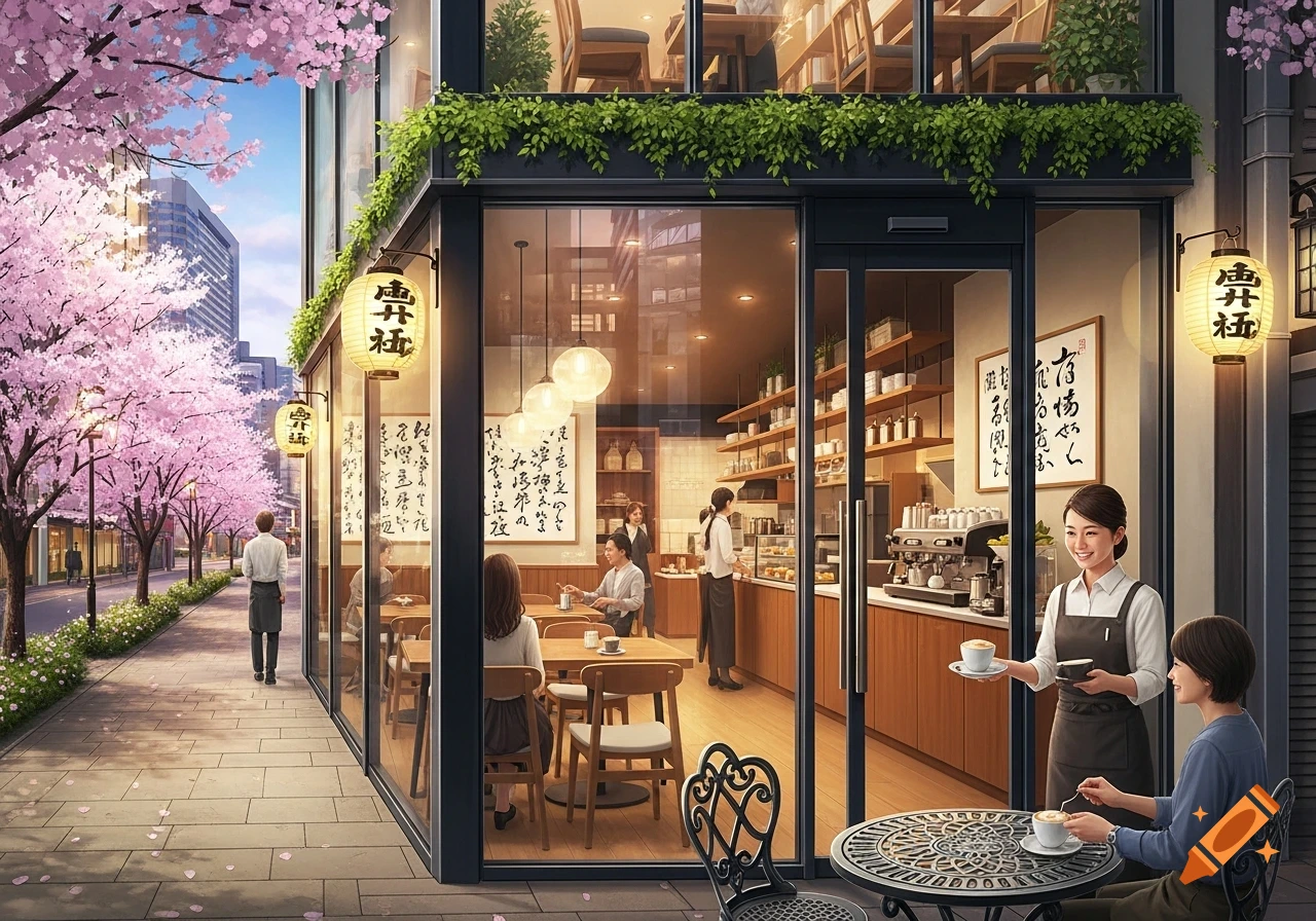 A bustling cafe with a glass storefront, surrounded by blooming cherry blossom trees on a city street. Customers are seated inside and out, while a barista serves coffee.