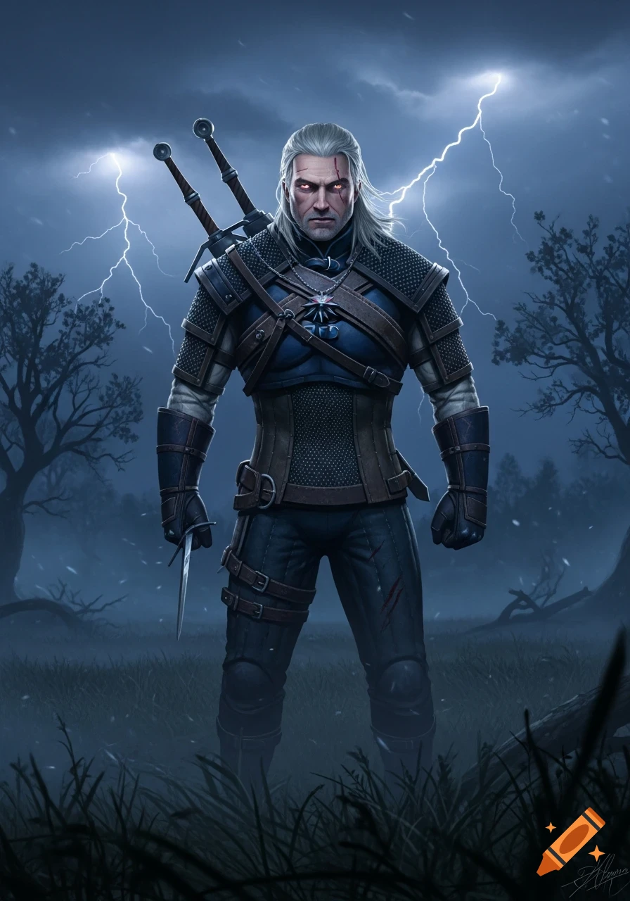Geralt of Rivia stands in armor with white hair, red eyes, holding a dagger, with swords on his back, under a stormy, lightning-filled sky.
