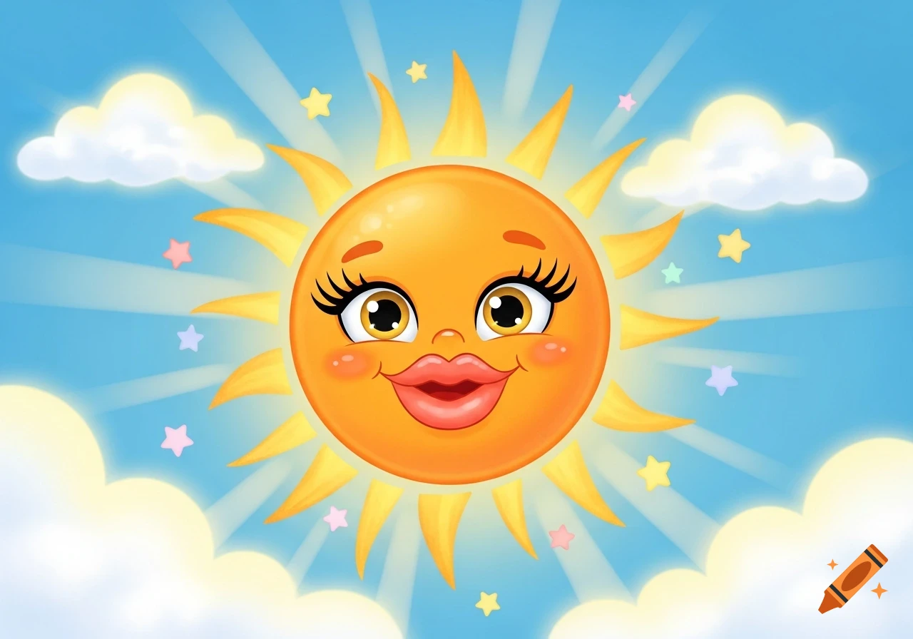 A cute, smiling cartoon sun with long eyelashes and big red lips shines brightly in a blue sky with fluffy clouds and colorful stars.