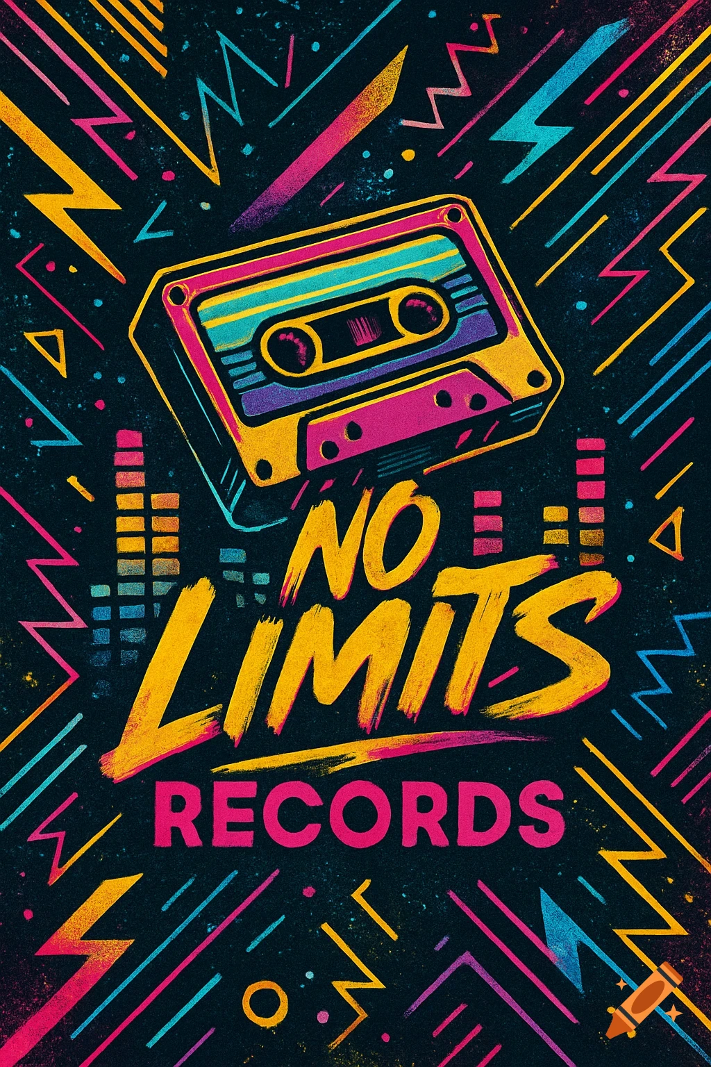 Retro 90s graphic design featuring a colorful cassette tape, the text 'NO LIMITS RECORDS', and abstract geometric patterns.
