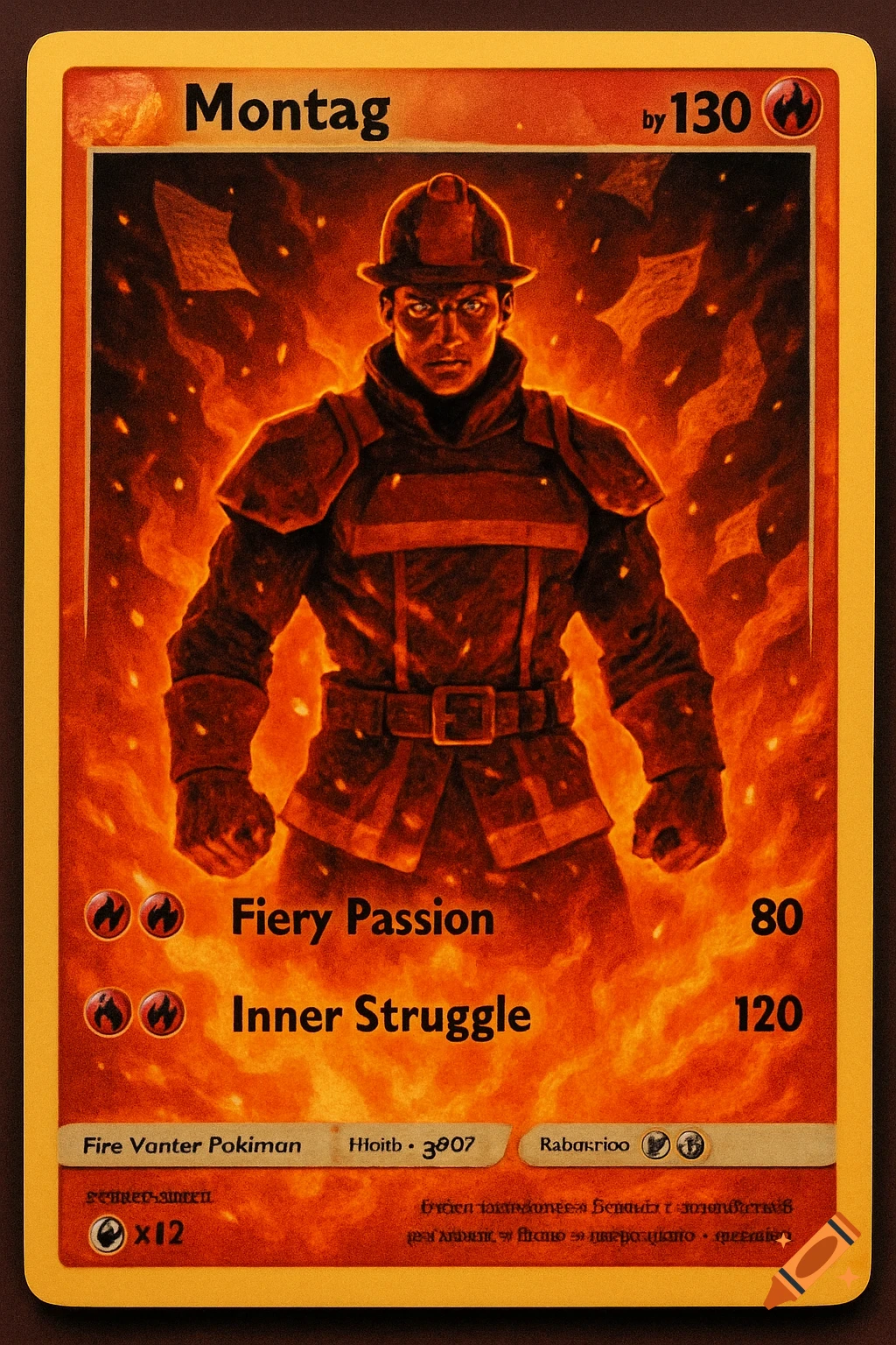 A stylized trading card featuring a solemn firefighter-like man in a helmet, surrounded by flames. The card says 'Montag' at the top and lists 'Fiery Passion' and 'Inner Struggle' as abilities, mimicking a Pokemon card design.